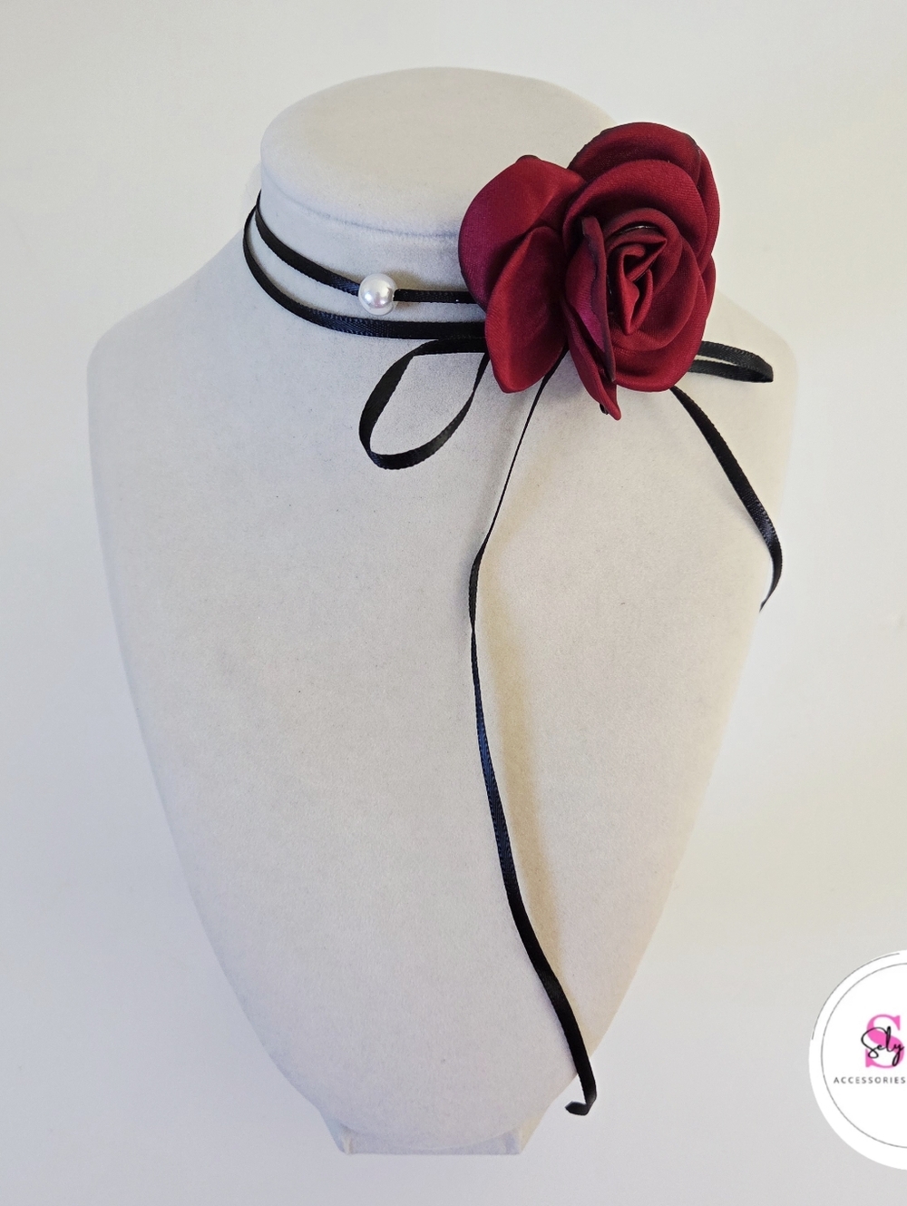 Burgundy Flower Choker With Pearl Decor